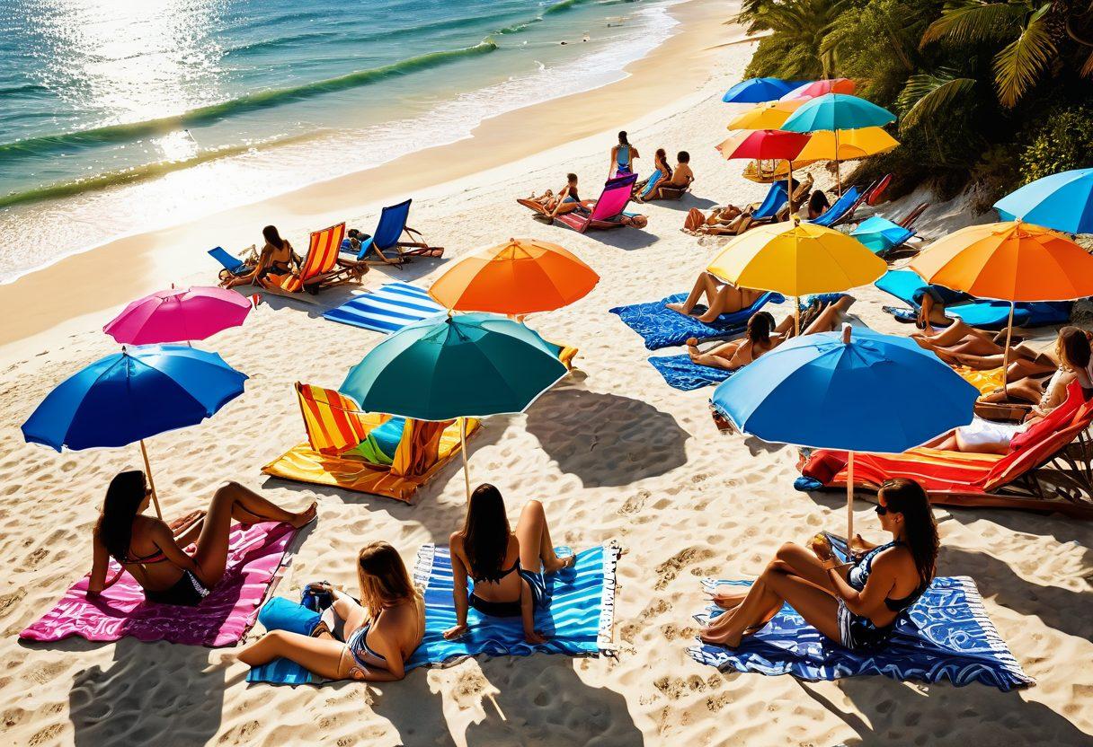 A vibrant beach scene featuring a diverse group of trendsetting individuals showcasing the latest bikini and beachwear styles. Brightly colored umbrellas and beach towels are scattered across golden sand, with waves gently lapping at the shore. Include playful beach accessories like sunglasses and beach balls to enhance the summer vibe. The sun sets in the background, casting a warm glow over the scene. Illustrate in a tropical and lively style, emphasizing vivid colors and a joyful atmosphere.