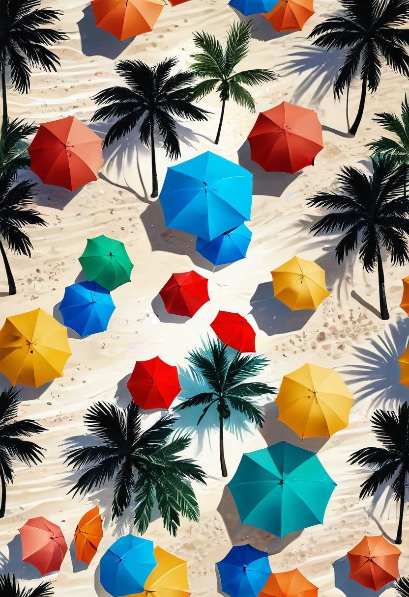 A vibrant beach scene showcasing diverse models in various stylish swimwear, including high-waisted, cut-out, and trendy designs. The models should be enjoying the sun, playing beach volleyball, and lounging by the water. Include colorful beach umbrellas, palm trees, and a clear blue sky to enhance the summer vibe. Focus on bright colors and chic accessories that embody the latest fashion trends. super-realistic. vibrant colors. summer aesthetic.